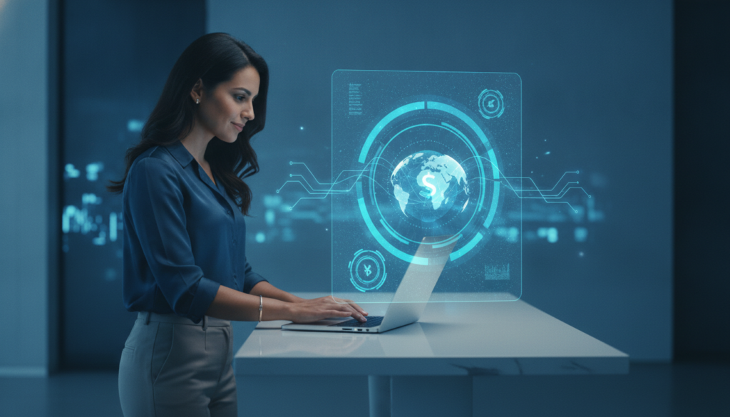 Profissional latina em plano médio interage com notebook; holograma azul-ciano simboliza transferências internacionais e pagamentos no exterior.