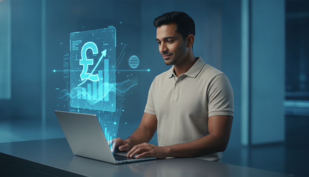 Profissional analisando finanças no ultrabook com holograma financeiro representando custo de vida na Inglaterra 2023