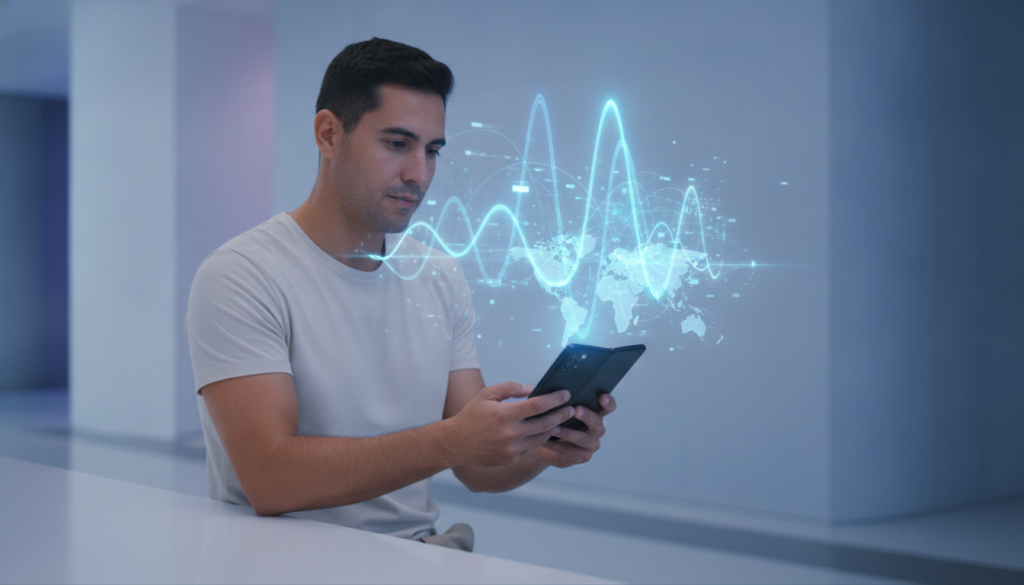 Profissional latino com celular fold em plano médio, ondas sonoras holográficas e fluxo digital representando abrir conta no exterior