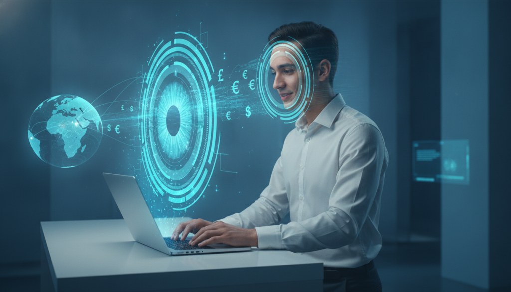 Estudante latino organizando finanças no ultrabook com íris ótica holográfica, representando intercâmbio Inglaterra