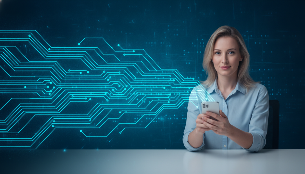Profissional segurando smartphone com trilhas de circuito azul-ciano conectando interface financeira, tema Conta Global Inter