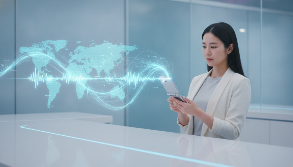 Profissional japonesa com celular flip projetando ondas sonoras holográficas que representam uma conta global