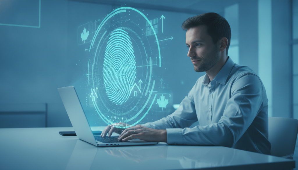Profissional interage com ultrabook e impressão digital holográfica representando custos de compra de casas no Canadá