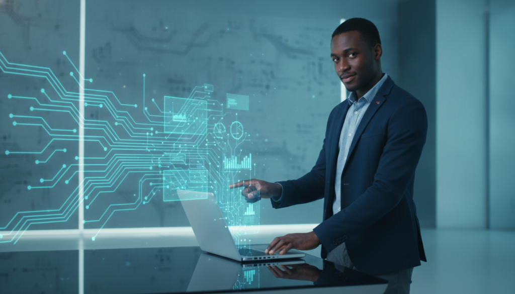 Profissional negro interagindo com netbook enquanto linhas de circuito azul-ciano emergem, ilustrando salário mínimo Inglaterra 2023