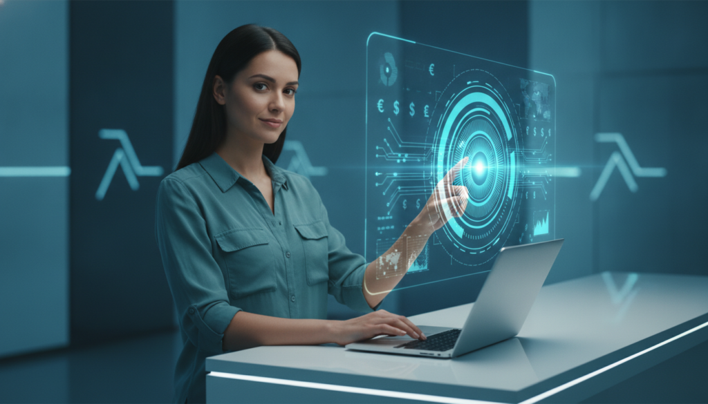 Viajante parda em plano médio usando netbook com íris ótica holográfica e interface que representa cartão pré-pago internacional
