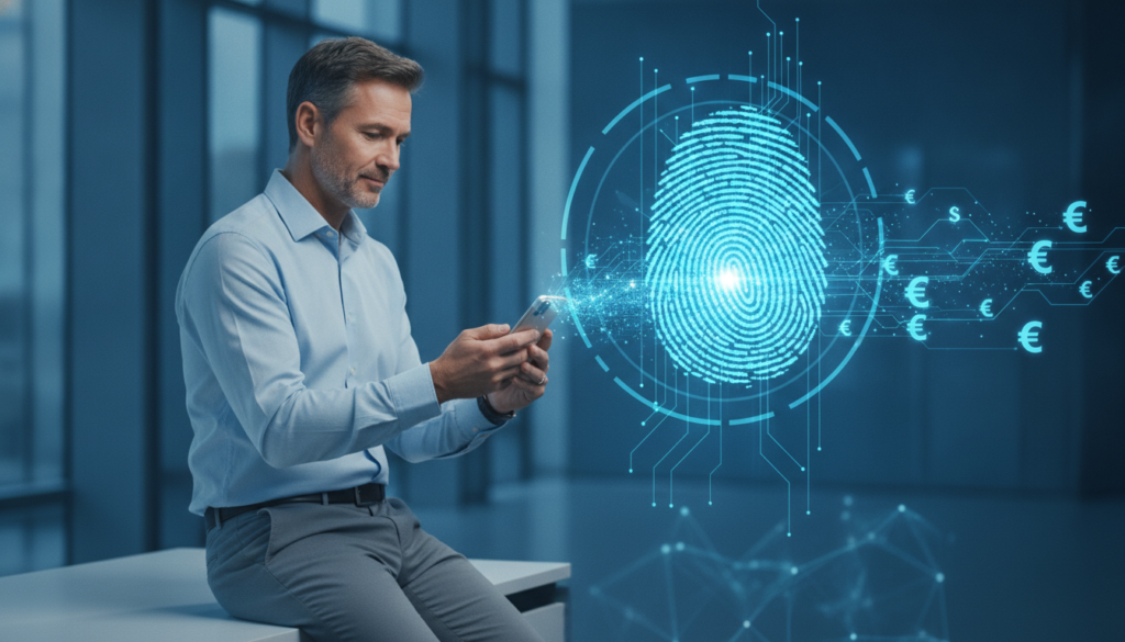 Profissional sentado com smartphone que projeta impressão digital holográfica e elementos de câmbio, representando intercâmbio Reino Unido