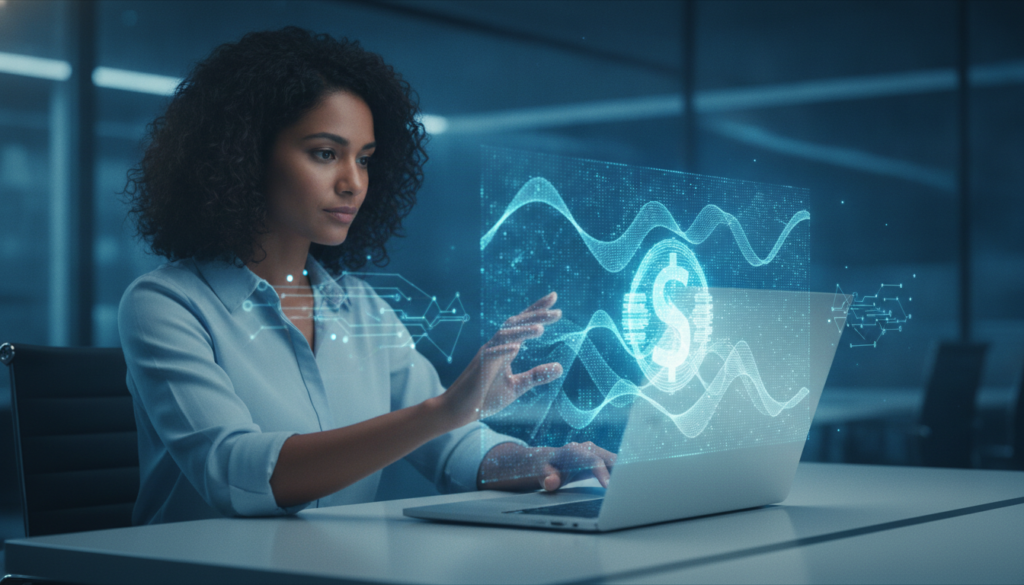 Profissional parda consultando finanças no notebook com holograma financeiro azul-ciano sobre custo de vida na Austrália em 2023