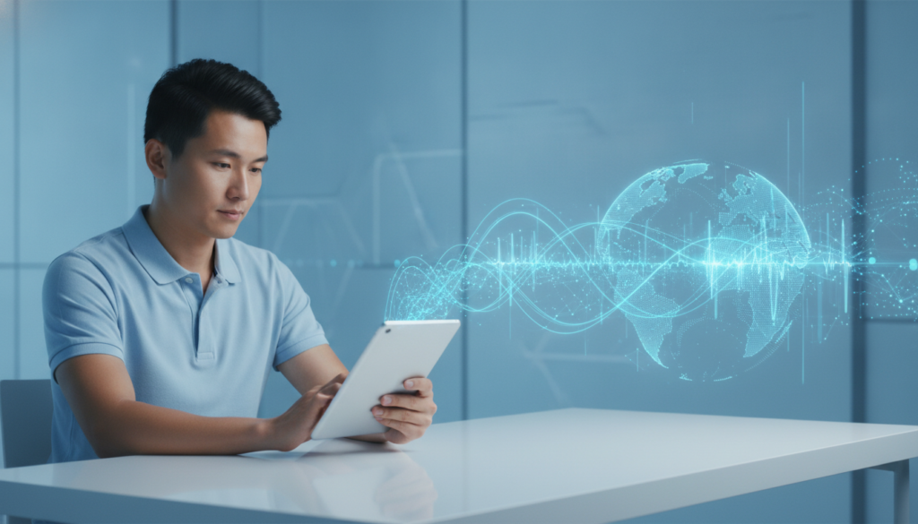 Estudante organiza finanças para intercâmbio Canadá em tablet com ondas sonoras digitais e símbolos cambiais abstratos