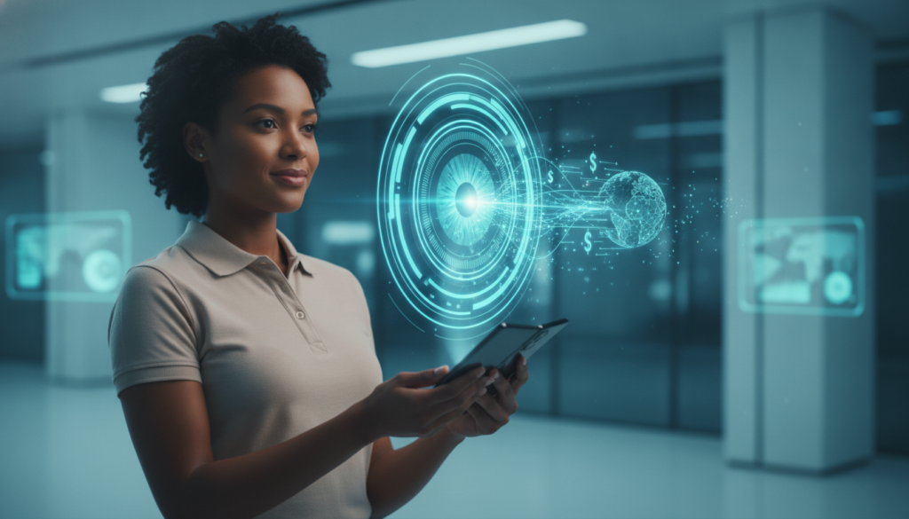 Profissional negra segurando celular fold com íris ótica holográfica e interface financeira representando Avenue conta internacional