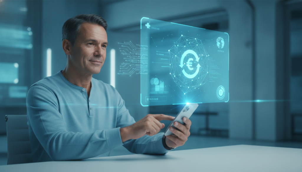 Profissional em plano médio segurando smartphone com holograma financeiro azul-ciano que representa uma ordem de pagamento digital.