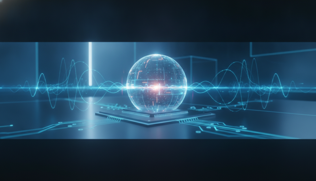 Núcleo holográfico azul-ciano com trilhas sonoras digitais e esfera abstrata representando aba routing number