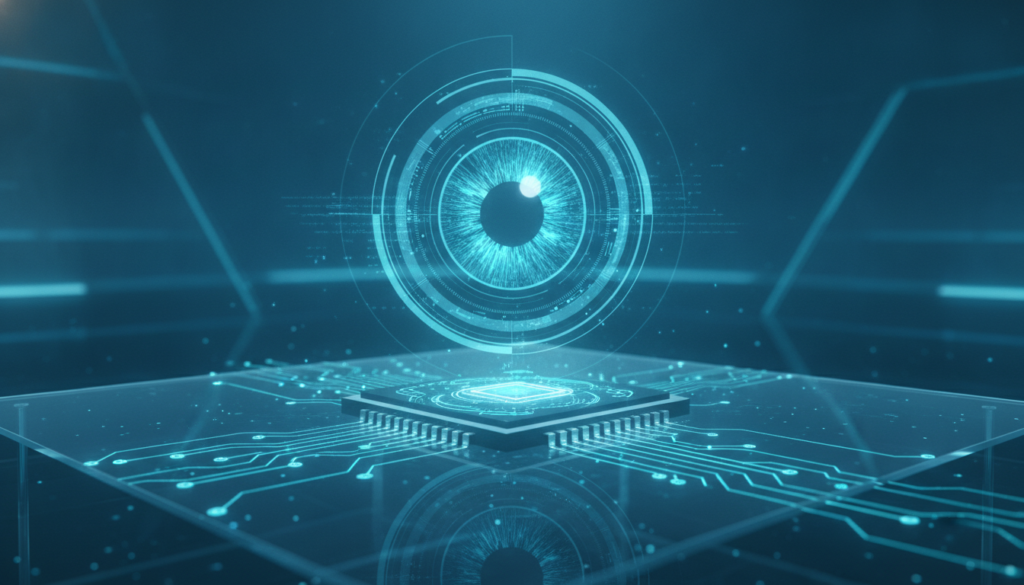 Placa eletrônica e chip com anéis óticos holográficos simbolizando ACH routing number e infraestrutura de pagamentos digitais