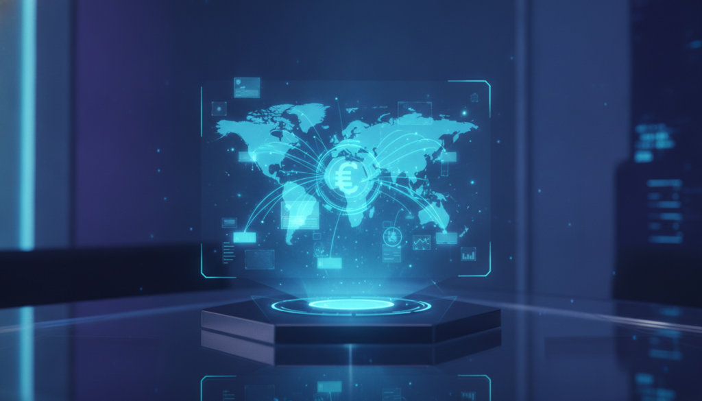 Globo digital e holograma financeiro azul-ciano representando IBAN e rotas de pagamentos internacionais