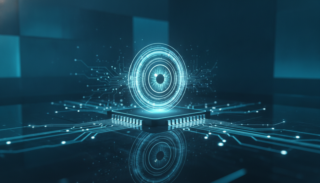 Placa eletrônica premium com chip e íris ótica holográfica azul-ciano indicando identidade digital e registro ROF
