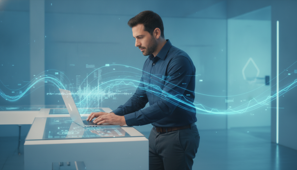 Profissional latino em plano médio interage com notebook enquanto holograma de ondas sonoras e fluxos digitais simboliza uma trading company