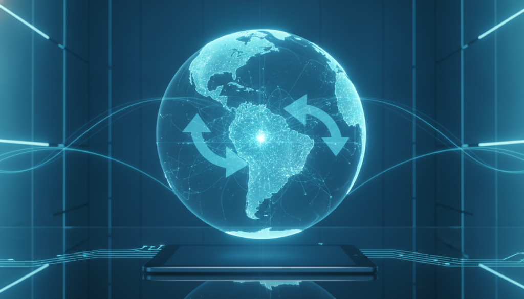 Globo holográfico azul-ciano com malha de conexões e rotas que simbolizam um contrato de swap e fluxos de câmbio internacional