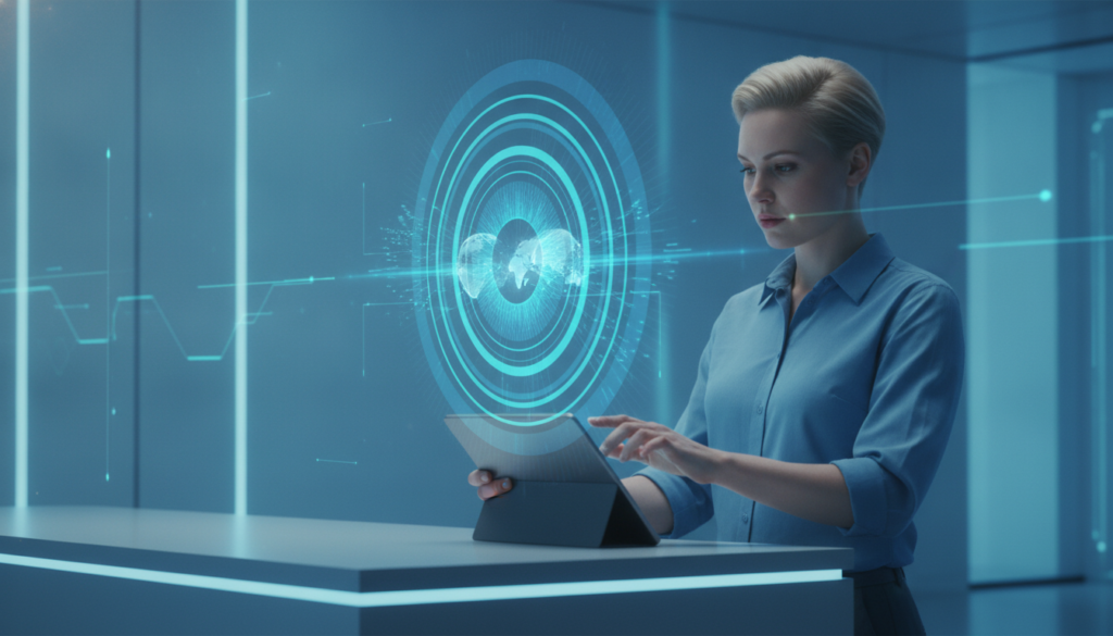 Profissional interage com tablet e íris ótica holográfica que simboliza capitais no exterior, contextualizando a Declaração CBE