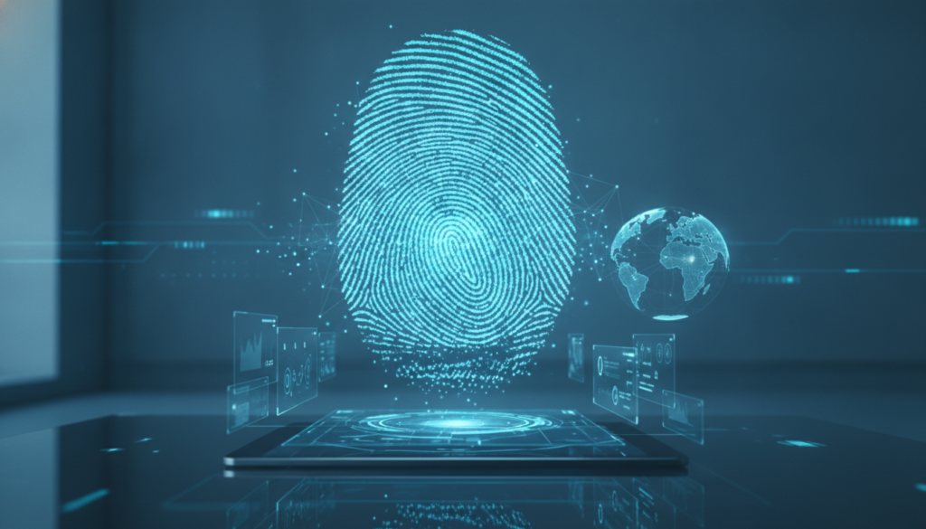 Interfaces holográficas financeiras com impressão digital biométrica e globo digital, representando corretora de câmbio e segurança