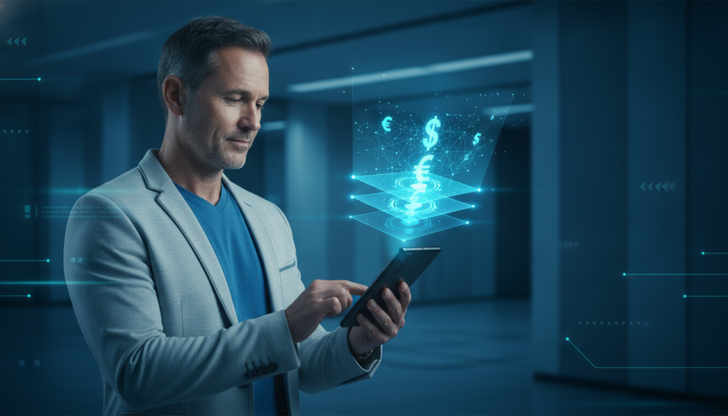 Profissional interagindo com celular fold que projeta um holograma de pagamentos digitais, simbolizando instituições de pagamento no Brasil
