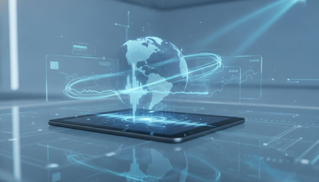 Interfaces holográficas com ondas sonoras e globo digital sugerindo diversificar investimentos no exterior e remessas seguras