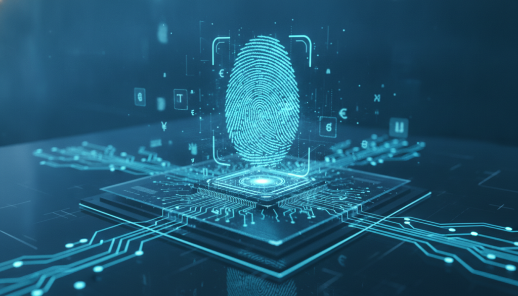 Superfície tecnológica com chip e impressão digital holográfica azul representando fintech de câmbio e segurança