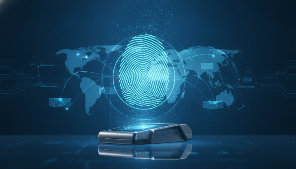 Globo digital com rotas internacionais, impressão digital holográfica e elementos de biometria representando taxa Selic e segurança financeira