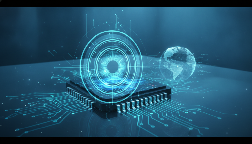 Chip e placa eletrônica com íris ótica holográfica e trilhas luminosas em azul, representando Silicon Valley Bank.