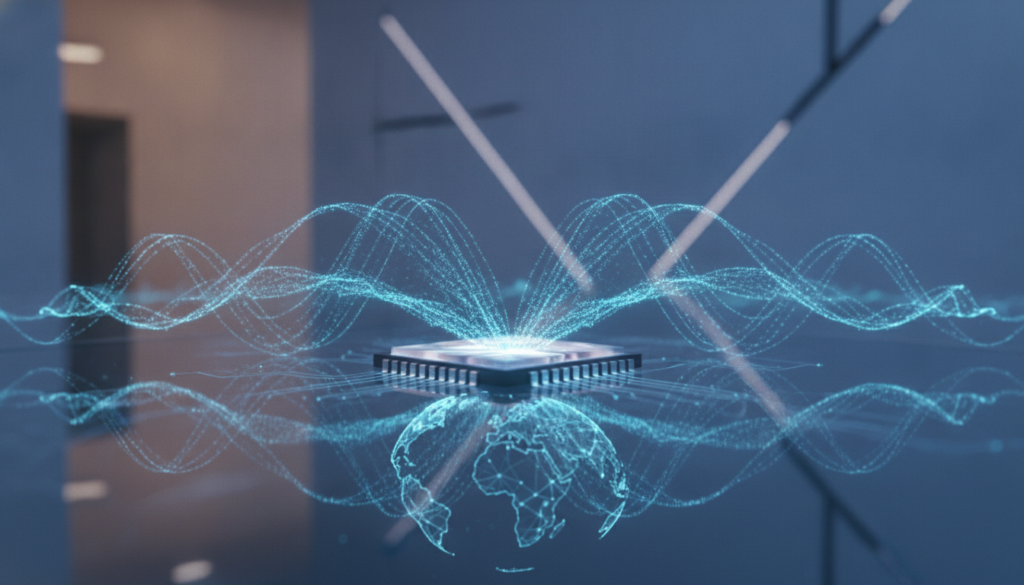 Chip financeiro e trilhas luminosas azul-ciano com ondas sonoras holográficas simulando fluxo e cotação do dólar