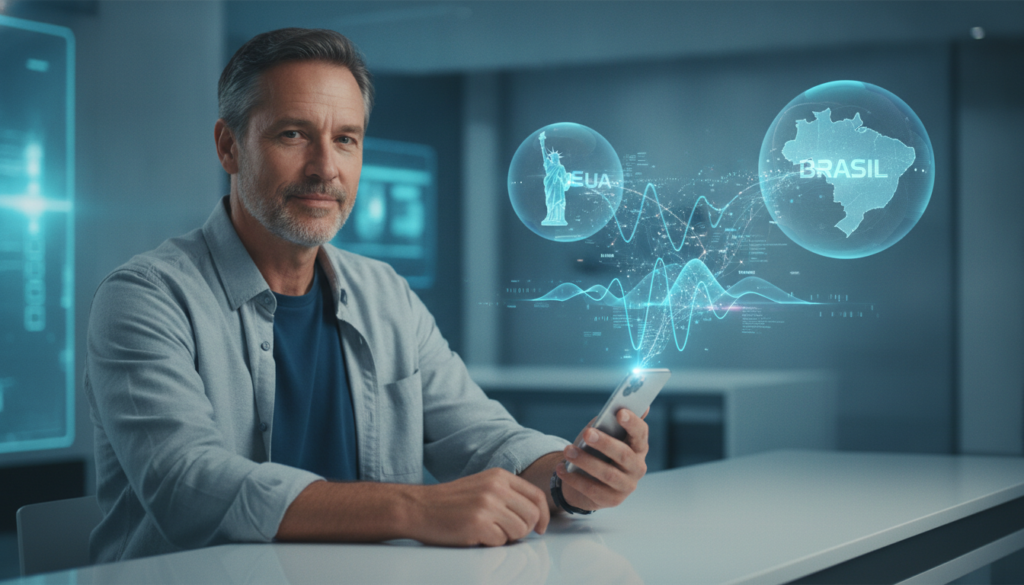 Profissional interage com smartphone; ondas sonoras holográficas e sinais financeiros ilustram Inflação EUA