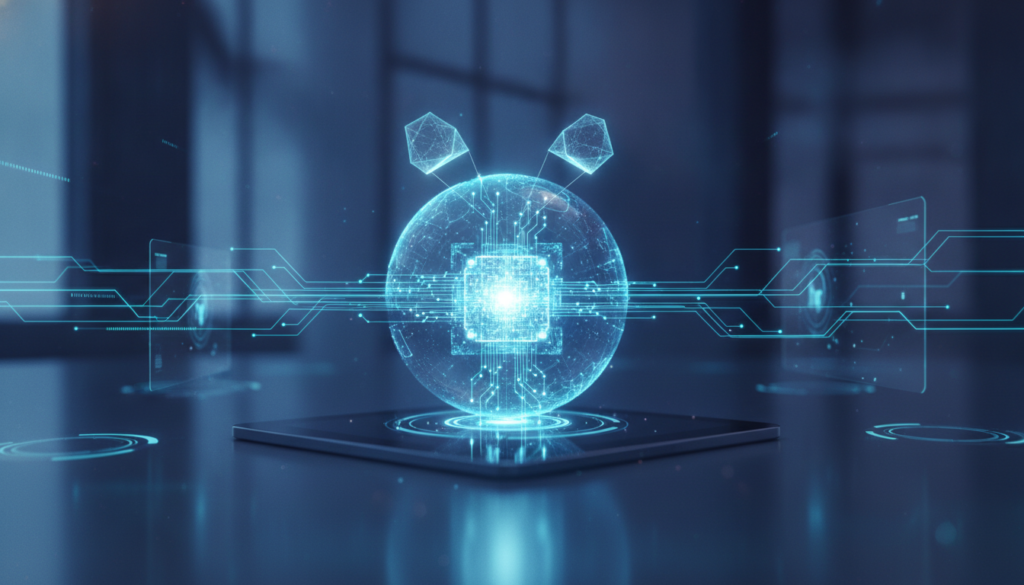 Núcleo holográfico financeiro azul-ciano representando a quebra do Silicon Valley Bank e a aquisição pelo HSBC
