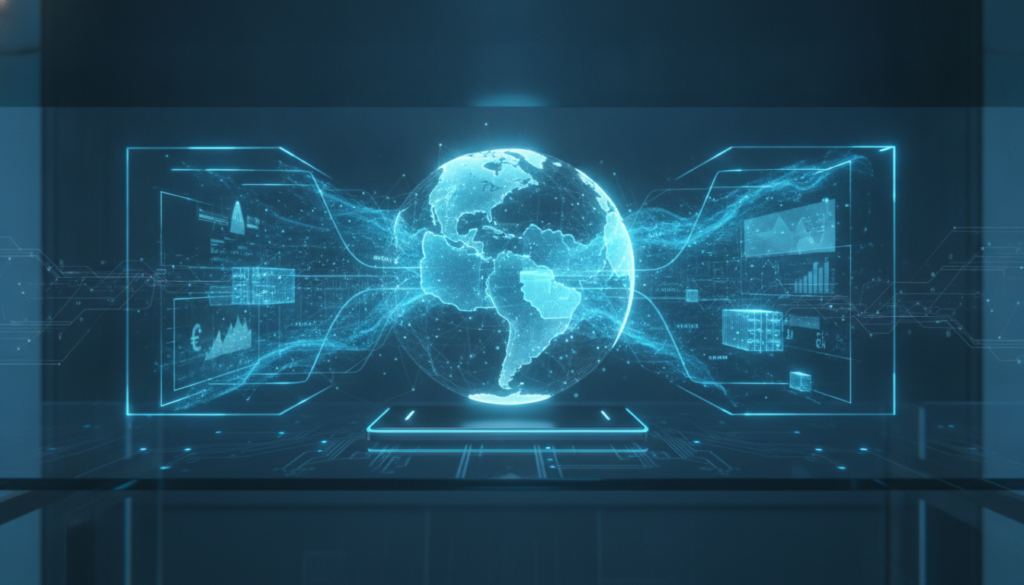 Globo digital com rotas internacionais e holograma financeiro azul-ciano simbolizando investir nos EUA
