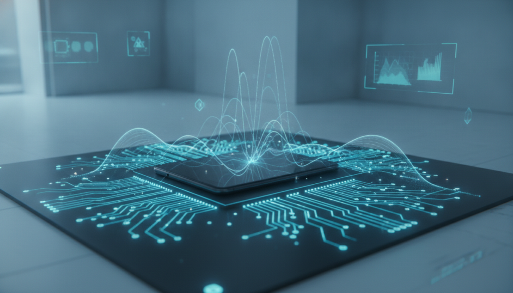 Superfície tecnológica com chip e ondas sonoras holográficas simbolizando economia no governo Lula