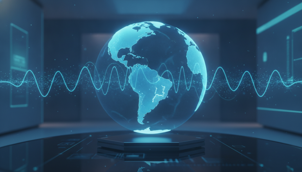 Globo holográfico azul-ciano com rotas de conexão e ondas sonoras digitais ilustrando custo de vida em Portugal em 2023