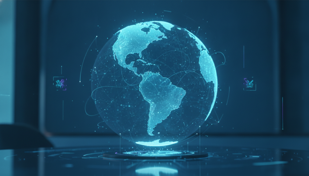 Globo holográfico azul-ciano com malha de conexões e rotas saindo de dispositivo, simbolizando comprar imóvel em Portugal