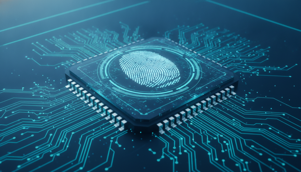 Superfície tecnológica com chip e impressão digital holográfica indicando segurança para investir no mercado imobiliário