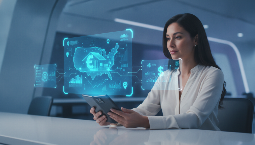 Investidora latina em plano médio segurando celular fold com holograma imobiliário azul-ciano, avaliando comprar casas nos Estados Unidos