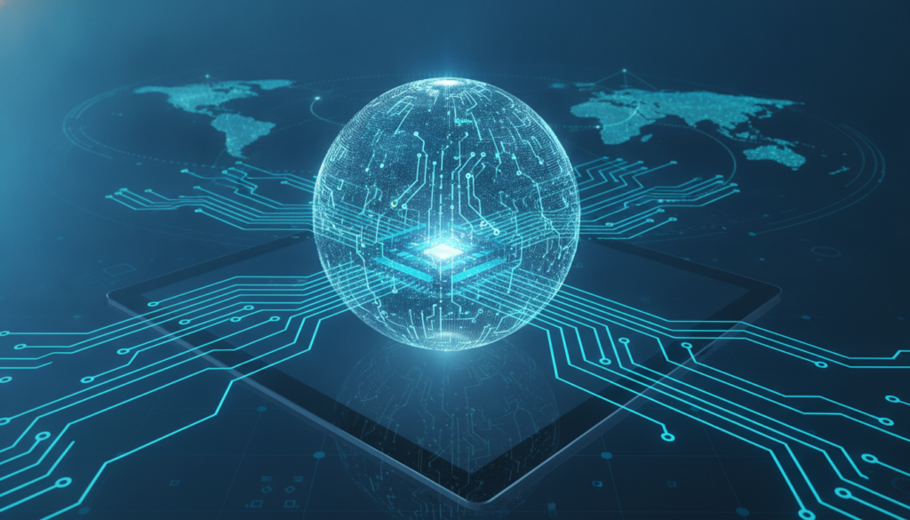 Núcleo digital com trilhas de circuito azul-ciano conectando um globo abstrato, simbolizando mercado imobiliário no exterior