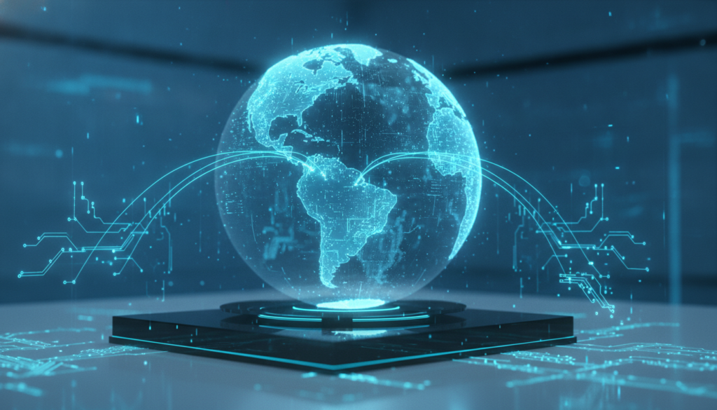 Globo digital azul-ciano com linhas de circuito e rotas conectando América do Sul, simbolizando residência automática