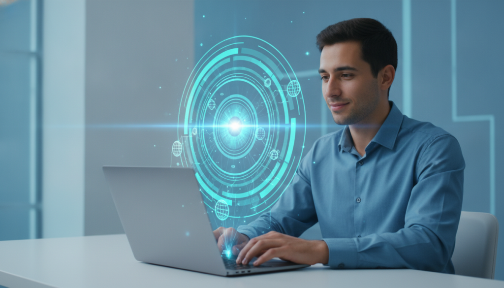 Jovem profissional morena em plano médio usando netbook, com sobreposição de íris ótica holográfica enquanto planeja estudar fora do Brasil