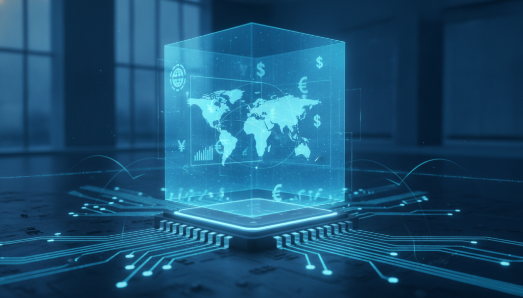 Holograma financeiro azul-ciano emergindo de chip premium sobre placa eletrônica, simbolizando freelancer no exterior e operações cambiais