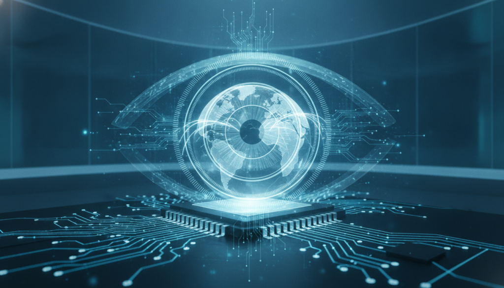 Chip e placa tecnológica com anéis óticos holográficos representando investir em imóveis no exterior e fluxo internacional de recursos