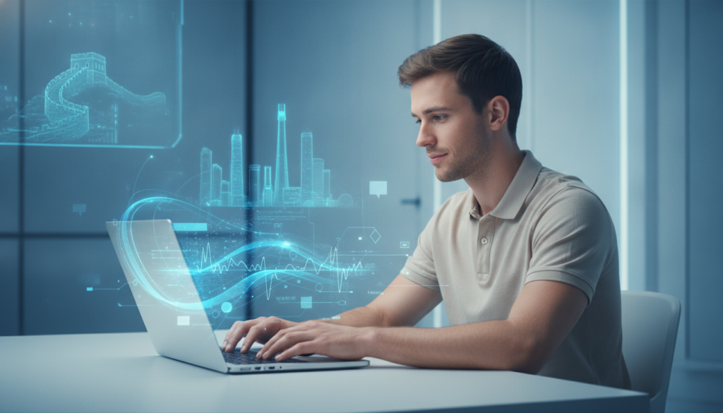 Jovem organizando finanças digitais em ultrabook para estudar na China, com ondas sonoras holográficas de comunicação