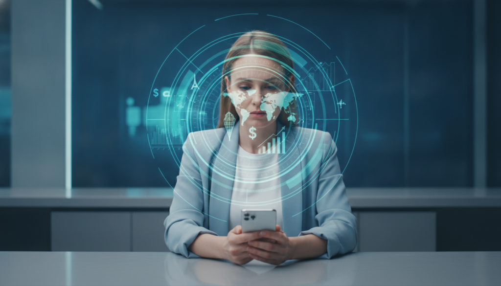 Viajante consultando smartphone com íris ótica holográfica sugerindo seguro viagem internacional