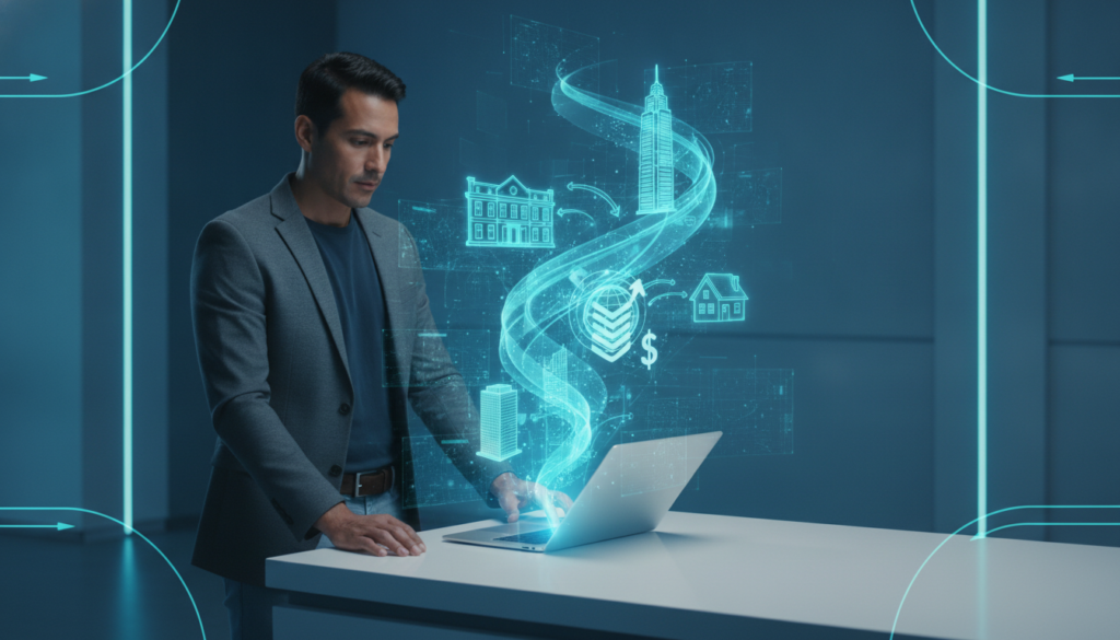 Profissional latino interage com notebook e holograma financeiro azul-ciano sugerindo investir em imóveis no exterior