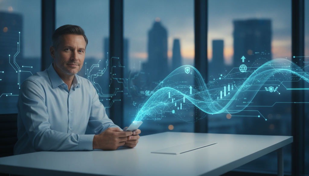 Pessoa em meio-corpo em ambiente fintech, com grafismos biométricos representando atendimento e orientação sobre salário mínimo nacional