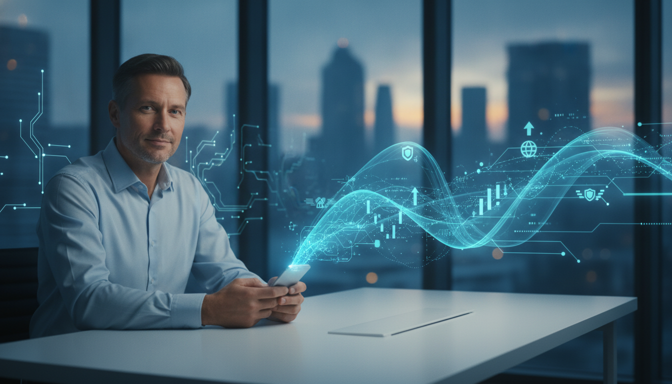 Pessoa em meio-corpo em ambiente fintech, com grafismos biométricos representando atendimento e orientação sobre salário mínimo nacional