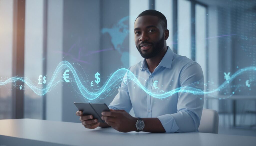 Executivo orientando cliente em ambiente fintech sobre câmbio dólar, visual sofisticado e elementos gráficos sutis