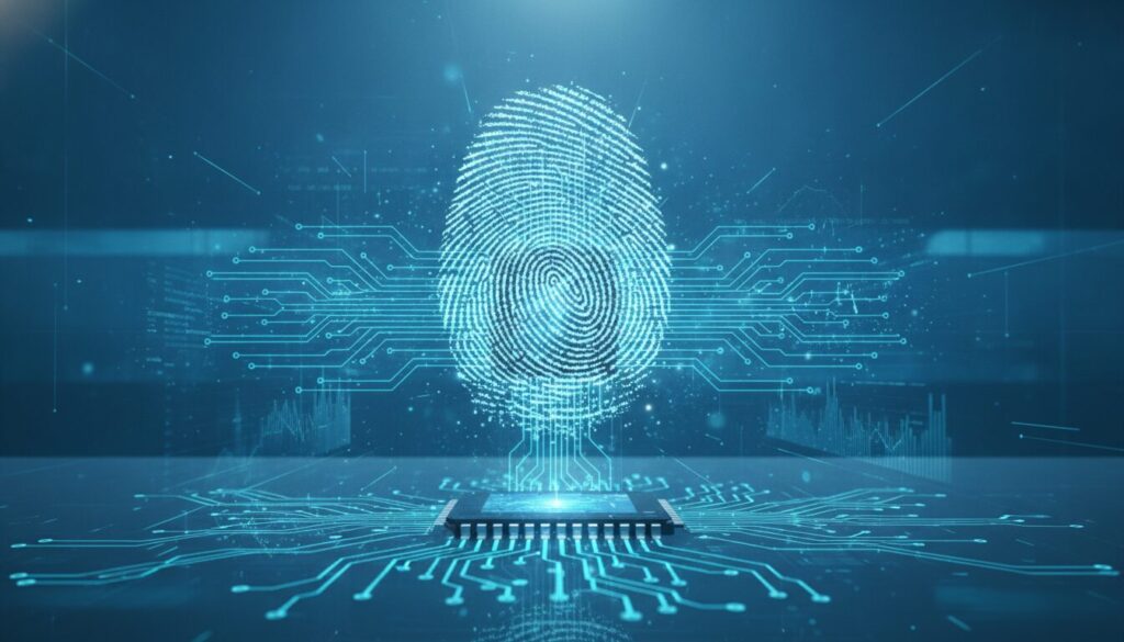 Superfície tecnológica com chip e impressão digital holográfica azul-ciano representando Declaração Econômico-Financeira DEF RDE-IED