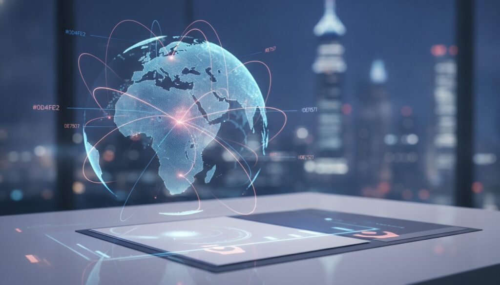 Executivo em meio-corpo em ambiente fintech, orientando sobre Exportação Mocotó com fundo tecnológico e grafismos biométricos sutis