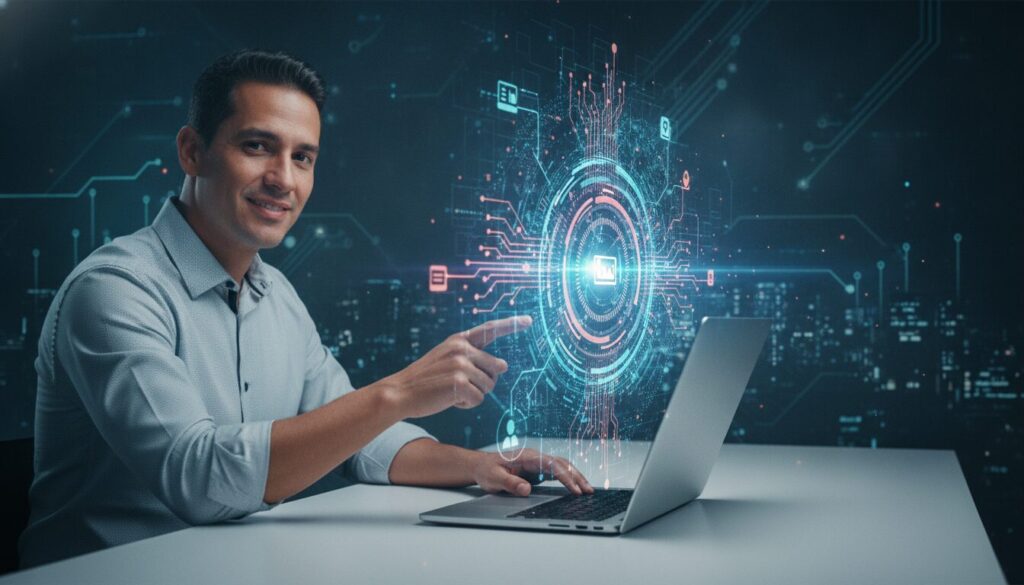 Executivo orientando cliente em ambiente fintech com grafismos sutis e foco em Legislação Bacen
